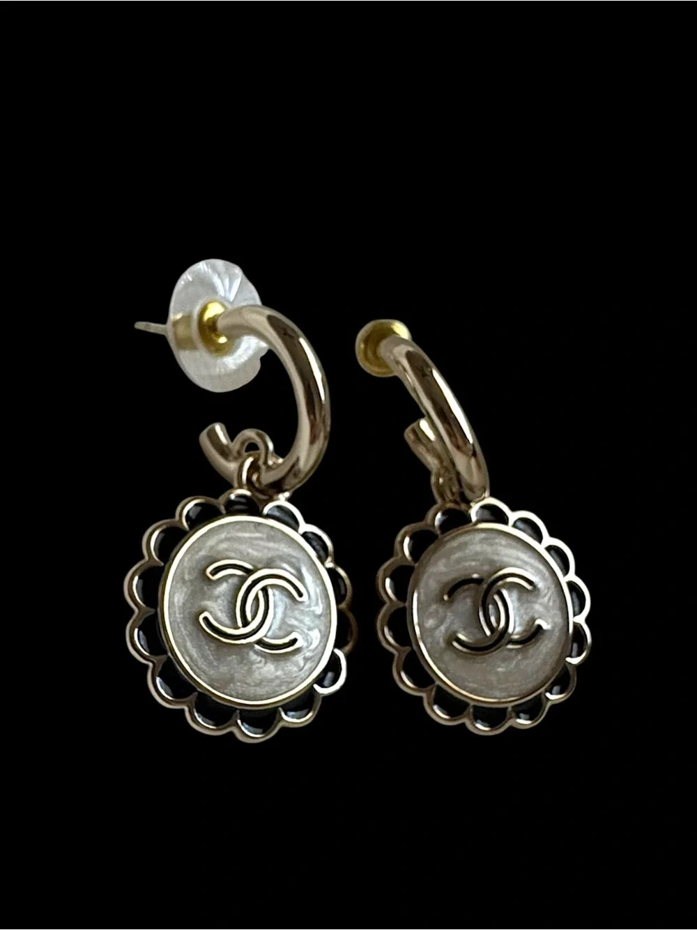 Upcycled Silver and Black CC Medallion Drop Hoop Earrings